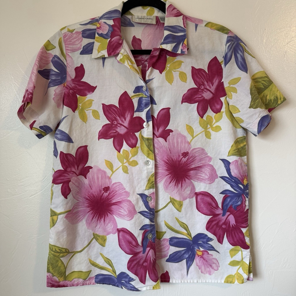 Vintage Lemon Grass Short Sleeve Linen Floral Print Button Up Shirt Size Small